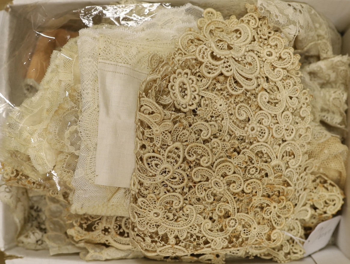 A collection of cream and black machine lace stoles, etc.